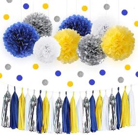 img 4 attached to Iguo 30pcs Tissue Pom Poms: Vibrant Yellow Navy Blue White Silver Party Decorations for Birthdays, Weddings, and Graduation Celebrations!