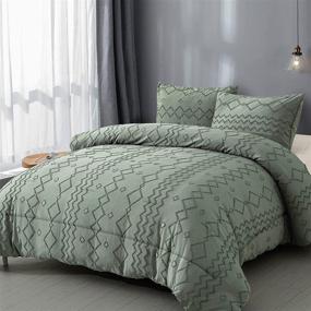 img 4 attached to 🌿 Boho Chic Green Tufted Comforter Set King Size - Stylish Geometry Embroidery Bedding Set 3 Pieces for All Seasons