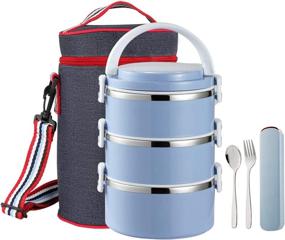 img 4 attached to 🥡 YBOBK HOME Thermal Lunch Box - Stackable Stainless Steel Bento Boxes with Insulated Bag - Large Hot Food Container for Adults (Blue)