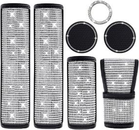 img 4 attached to 💎 Bling Seat Belt Covers Set: Sparkling Crystal Diamond Car Accessories Kit for Women; Includes 2 Bling Seat Belt Covers, Gear Shift Cover, Handbrake Cover, Car Ring Sticker, and 2 Cup Holder Coasters