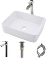 🚽 bokaiya 16x12 rectangle vessel sink with faucet and drain combo - white porcelain ceramic above counter bathroom sink, rv bathroom vessel sink art basin, matching faucet and pop up drain combo logo