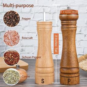 img 3 attached to 🧂 Haomacro Salt and Pepper Grinders Set of 2 – Premium Modern Oak Wood Salt Grinder Ceramic Mill 8 inch Tall, Adjustable Rotor, Easy Refill, Strong Coarseness, Refillable Pepper Salt Grinder