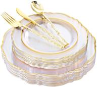 🍽️ liacere 150pcs clear gold plastic plates & disposable gold plastic silverware with glitter bamboo handle cutlery - premium baroque clear gold disposable plates for weddings & parties logo