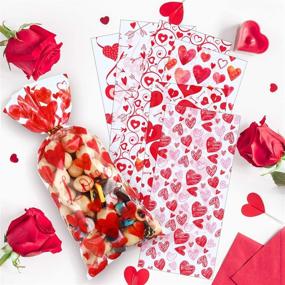 img 1 attached to Valentine's Treat Favor Bags: 180-Piece Clear Cellophane Plastic Candy Goodie Gift Bags with 200 💝 Gold and Red Twist Ties - Perfect for Valentine's Day Party Decorations, Offering 6 Assorted Styles