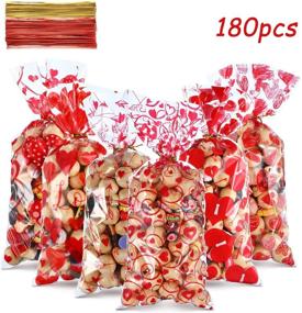 img 2 attached to Valentine's Treat Favor Bags: 180-Piece Clear Cellophane Plastic Candy Goodie Gift Bags with 200 💝 Gold and Red Twist Ties - Perfect for Valentine's Day Party Decorations, Offering 6 Assorted Styles