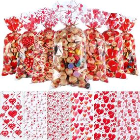 img 4 attached to Valentine's Treat Favor Bags: 180-Piece Clear Cellophane Plastic Candy Goodie Gift Bags with 200 💝 Gold and Red Twist Ties - Perfect for Valentine's Day Party Decorations, Offering 6 Assorted Styles