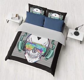 img 1 attached to SHOMPE Music Skull Bedding Sets for Kids - Full Size, White Stripes Punk Rocker 🎵 Headphones Skull Duvet Cover Set with Pillowcases - Suitable for Teens Boys Girls, NO Comforter Included