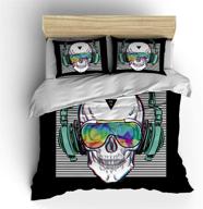 shompe music skull bedding sets for kids - full size, white stripes punk rocker 🎵 headphones skull duvet cover set with pillowcases - suitable for teens boys girls, no comforter included logo