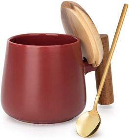 img 4 attached to ☕ GOOD ALWAYS 14 Oz Ceramic Coffee Mug with Wood Lid and Spoon - Perfect Office and Home Tea Cup for The Coffee Lover in Your Life - Ideal Christmas Gift! (Matte Red, 1 Pack)