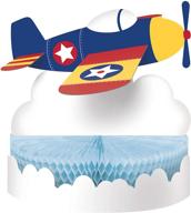 ✈️ multicolor airplane paper honeycomb centerpiece table decoration - creative converting lil' flyer, 12" x 9 logo