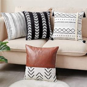 img 4 attached to 🏡 CDWERD Set of 4 Boho Modern Farmhouse Throw Pillow Covers 18x18 Inch - Stylish Faux Leather and Linen Decorative Pillowcases for Couch, Bed, Home Decor