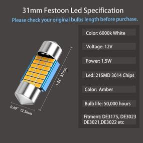 img 2 attached to 🚗 Canbus Error Free 31mm DE3175 LED Festoon Bulbs - Amber, 21SMD 3014 Chipsets for Car Interior Dome Map Trunk Light - 4pcs