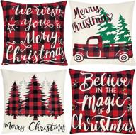 black red buffalo plaid christmas throw pillows - set of 4, 18x18, farmhouse decorative holiday pillow covers with rustic trees, truck design - couch sofa christmas home decor logo