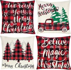 img 4 attached to Black Red Buffalo Plaid Christmas Throw Pillows - Set of 4, 18x18, Farmhouse Decorative Holiday Pillow Covers with Rustic Trees, Truck Design - Couch Sofa Christmas Home Decor