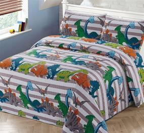 img 1 attached to 🦖 Kids/Teens Twin Dinosaur Stripe Quilt Set - Colorful Bedspread Coverlet with Grey, Orange, White, Green, and Blue All Dinosaurs - Brand New