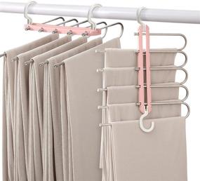 img 4 attached to 👖 Space Saving 2-Pack Pants Hangers - 5-Layered Stainless Steel Non-Slip Organizer for Pants, Jeans, Trousers, Skirts, Scarf - Pink