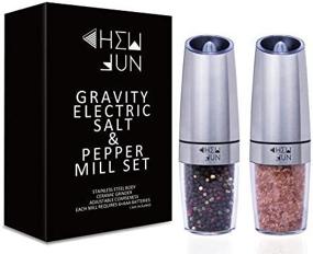 img 3 attached to 🧂 CHEW FUN Gravity Electric Salt and Pepper Grinder Set - Adjustable Coarseness, Automatic Pepper and Salt Mill with Battery Power, Blue LED Light, One-Hand Operation, Brushed Stainless Steel