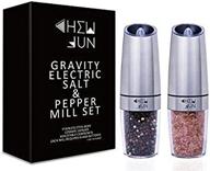 🧂 chew fun gravity electric salt and pepper grinder set - adjustable coarseness, automatic pepper and salt mill with battery power, blue led light, one-hand operation, brushed stainless steel logo