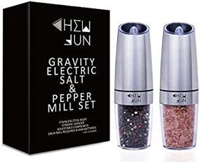 img 4 attached to 🧂 CHEW FUN Gravity Electric Salt and Pepper Grinder Set - Adjustable Coarseness, Automatic Pepper and Salt Mill with Battery Power, Blue LED Light, One-Hand Operation, Brushed Stainless Steel