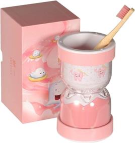 img 1 attached to Kids Bamboo Toothbrush Set with Sand Timers and Cup - Set of 2, Pink