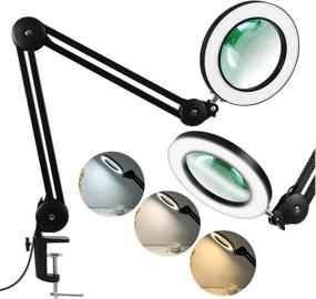 img 4 attached to Lancosc LED Lighted Magnifier Desk Lamp with Stand, 5X Glass Lens, Stepless Dimmable 3 Color Modes, Adjustable Swivel Arm, Clamp for Repair Crafts Reading Sewing, Black