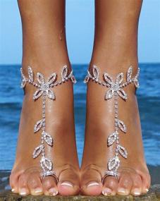 img 3 attached to Women's Foot Chain Barefoot Sandals for Beach Wedding - Anklet with Rhinestone Toe Ring - Set of 2 Pieces