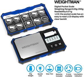 img 2 attached to 📏 Весы Weightman Digital Pocket Scale 200 x 0.01g: Компактные и точные весы для граммов с калибровочным гиреком, ювелирные весы с 6 единицами пересчета, автоотключение и простая фиксация с нуля (батарея включена).