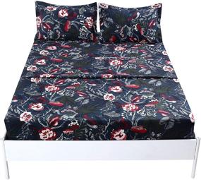 img 1 attached to 🛏️ Super Soft Microfiber Sheet Set Queen Size - MAG Deep Blue Flower - 4PC Bed Sheet with 12” Deep Pocket, 2 Pillow Shams