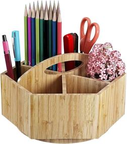 img 4 attached to Bamboo Spinning Organizer for Pens and Pencils - Darfoo 360° Colored Pen Pencil Holder with Easy-carry Handle and 6 Large Compartments