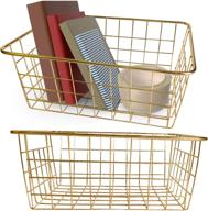 🧺 gold wire basket set - 2 pack of vlish 2 wire baskets for storage, decor, crafts, kitchen organizing - perfect for closets, cabinets, pantries, tables, countertops, and office storage логотип