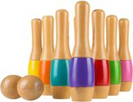 lawn bowling game/skittle ball - fun for toddlers, kids, and adults - 10 wooden pins, 2 balls, and mesh bag set by hey! play! (9.5 inch) - indoor and outdoor логотип