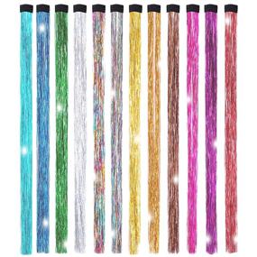 img 4 attached to 🌈 12 Colorful 19.7-Inch Hair Tinsel Extensions with Clips - Fairy Hair Tinsel Kit for Glittery Clip-On Styles
