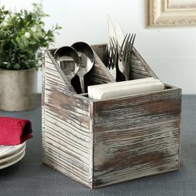 img 3 attached to 🍴 Rustic Torched Wood Tabletop Flatware and Utensil Caddy with Cutlery Organizer, Napkin Holder, and 3 Compartments