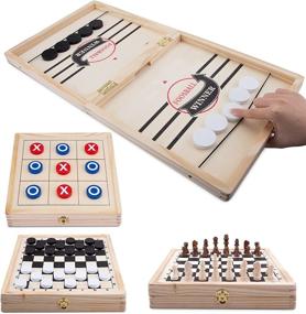 img 4 attached to Portable Folding Wooden Checkers Tic Tac Toe: Versatile Fun on the Go!