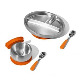 img 4 attached to 🍽️ Avanchy Stainless Steel Divided Plate, Bowl & Spoons Set - Kids Bowls with Lids - Suction Base - Silicone Suction (Orange)