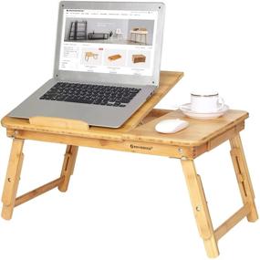 img 3 attached to SONGMICS Бамбуковая подставка для ноутбука с складными ножками, наклонной верхней частью, многофункциональным напольным письменным столом и завтраком для дивана, натуральной отделкой ULLD009N.