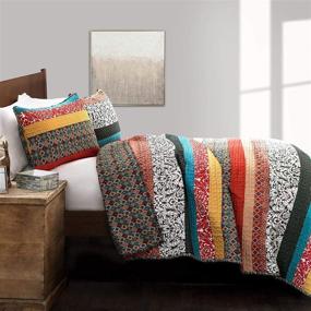 img 1 attached to 🛏️ Lush Decor Boho Stripe Quilt Reversible 3 Piece Bedding Set, Full/Queen Size, Turquoise and Tangerine - Bohemian Design