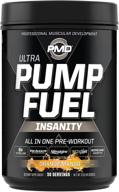 🍊 pmd sports ultra pump fuel insanity - pre workout energy drink mix for strength, endurance, and muscle recovery - complex carbs and amino energy - tropical orange mango flavor (30 servings) logo