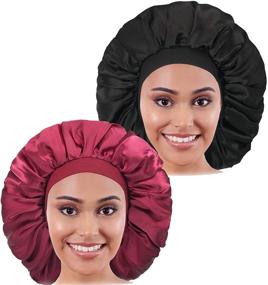 img 4 attached to 🎀 Комплексный уход за волосами с двумя широкими шапками из атласа - эластичной шелковой лентой для длинных волос, шапка большого размера для женщин.
