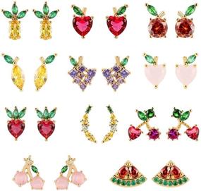 img 4 attached to Aloecye Cute Fruit Basket Stud Earrings Set: 14K Gold Plated Sweet Tropical Fruit CZ Crystal Earring Gift for Women Girls