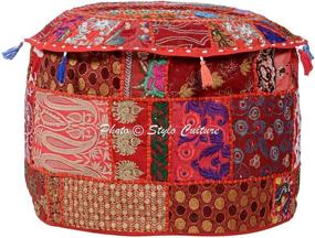 img 2 attached to 🌺 Stylo Culture Red Floral Round 22 Inch Cotton Patchwork Embroidered Ottoman Footstool Pouf Cover - Ethnic Decorative Stool Furniture Floor Cushion Bean Bag for Living Room Decor