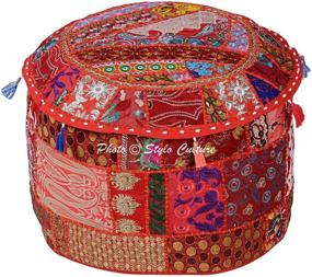 img 3 attached to 🌺 Stylo Culture Red Floral Round 22 Inch Cotton Patchwork Embroidered Ottoman Footstool Pouf Cover - Ethnic Decorative Stool Furniture Floor Cushion Bean Bag for Living Room Decor