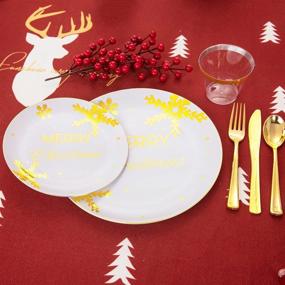 img 1 attached to 🎄 150PCS Christmas Plastic Plates with White and Gold Accents, including Gold Silverware - Perfect for Christmas Parties and Events