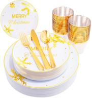 🎄 150pcs christmas plastic plates with white and gold accents, including gold silverware - perfect for christmas parties and events logo