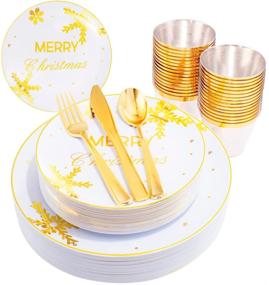 img 4 attached to 🎄 150PCS Christmas Plastic Plates with White and Gold Accents, including Gold Silverware - Perfect for Christmas Parties and Events