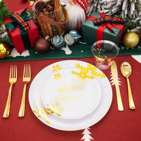 img 2 attached to 🎄 150PCS Christmas Plastic Plates with White and Gold Accents, including Gold Silverware - Perfect for Christmas Parties and Events