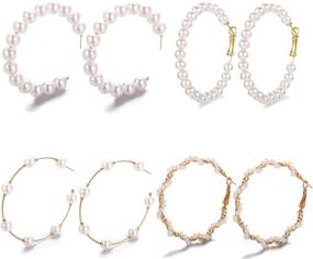 img 4 attached to 🏻 4-Piece Set: Faux Pearl Hoop Earrings for Women - Pearl Dangle Earrings Ideal for Girls