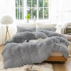 img 4 attached to 🛏️ JOYPOINT Luxury Plush Shaggy Duvet Cover Set – Ultra Soft Crystal Velvet Bedding Sets with Faux Fur Duvet Cover & Pillowcases, Queen Size, Light Grey – Zipper Closure