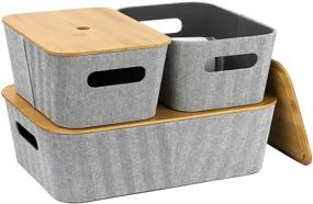 img 4 attached to 📦 LA JOLIE MUSE Mid-Century Modern Light Gray Tweed Fabric Storage Basket Set of 3 with Bamboo Lid - Multipurpose Organizer Bin for Cube Shelf, Closet, Bookcase, Drawer, Cabinet