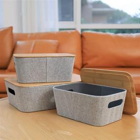 img 1 attached to 📦 LA JOLIE MUSE Mid-Century Modern Light Gray Tweed Fabric Storage Basket Set of 3 with Bamboo Lid - Multipurpose Organizer Bin for Cube Shelf, Closet, Bookcase, Drawer, Cabinet